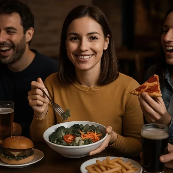 Persona manteniendo alimentación saludable en un entorno social poco saludable